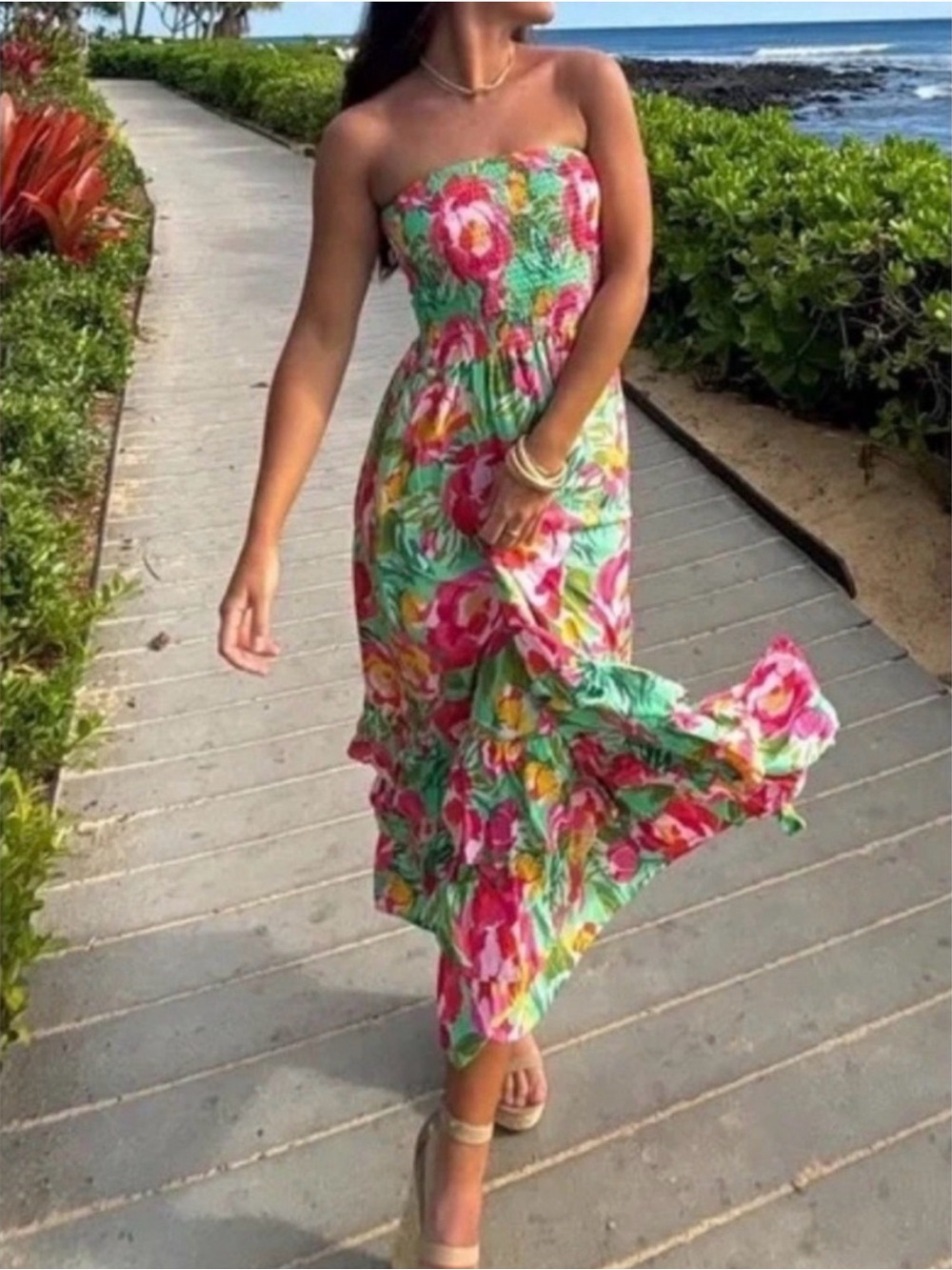 Abel The Label Anthropologie Mimosa Floral Smocked Strapless Tiered Maxi Dress